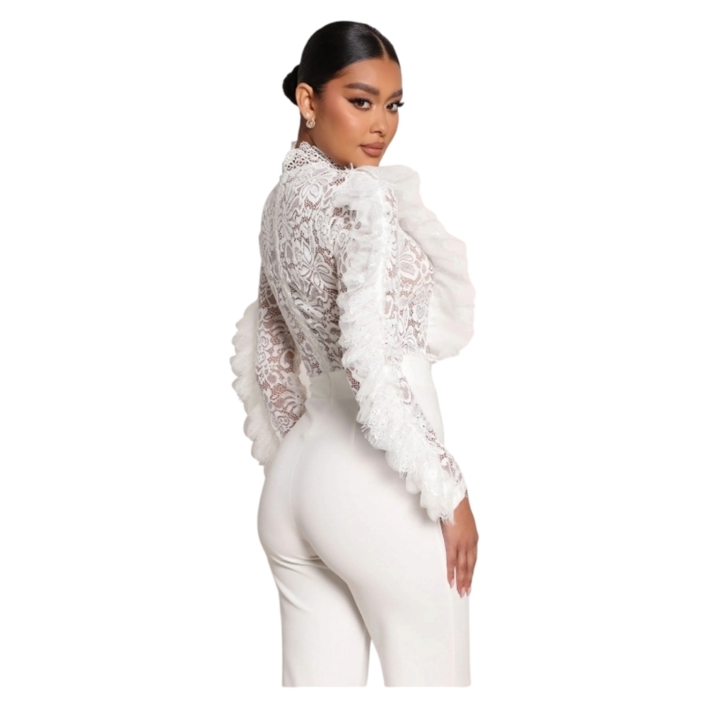 Fashion Nova White "In My Shadow" Lace Top Wide Leg Pant Jumpsuit, Sz L - Picture 4 of 9
